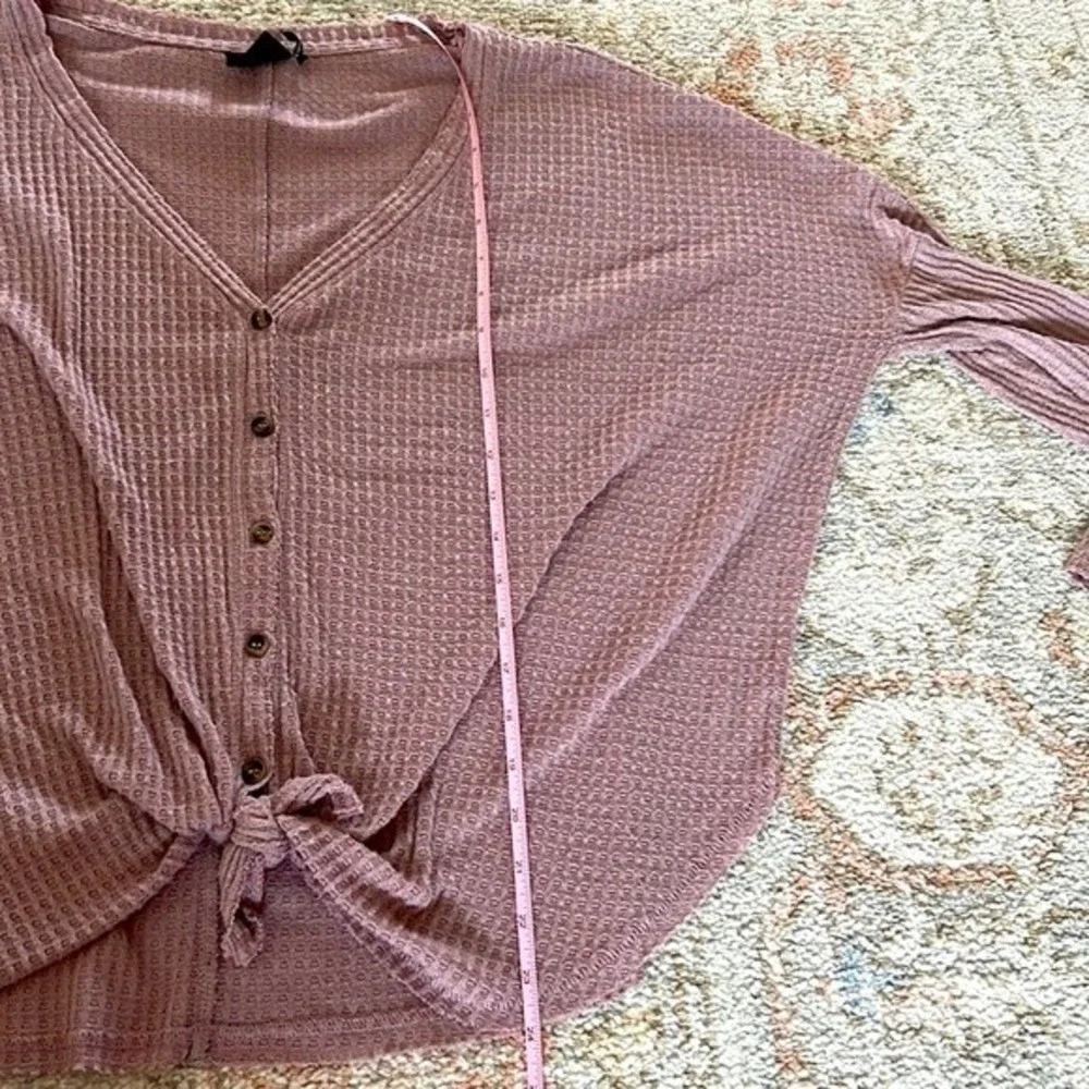 Womens Purple Waffle Knit Button Front Tie Waist Henley Long Sleeve Top Small - Picture 6 of 9
